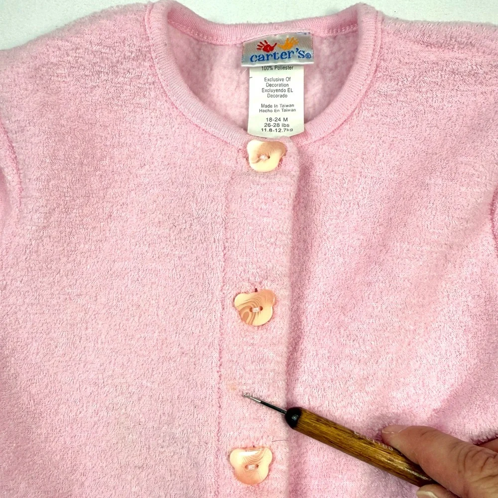 CARTER’S VINTAGE Girls Fuzzy Pink Bear Button Cardigan 18–24M Taiwan 90s Retro‎